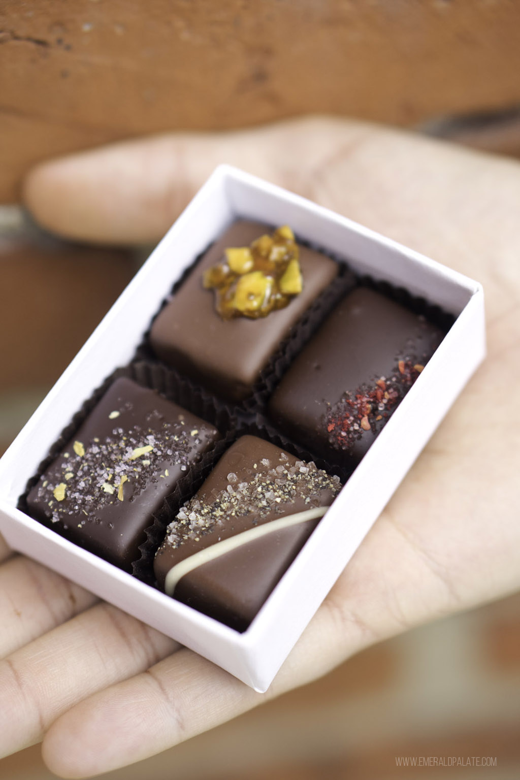 person holding chocolate confections from the best chocolate made in Seattle