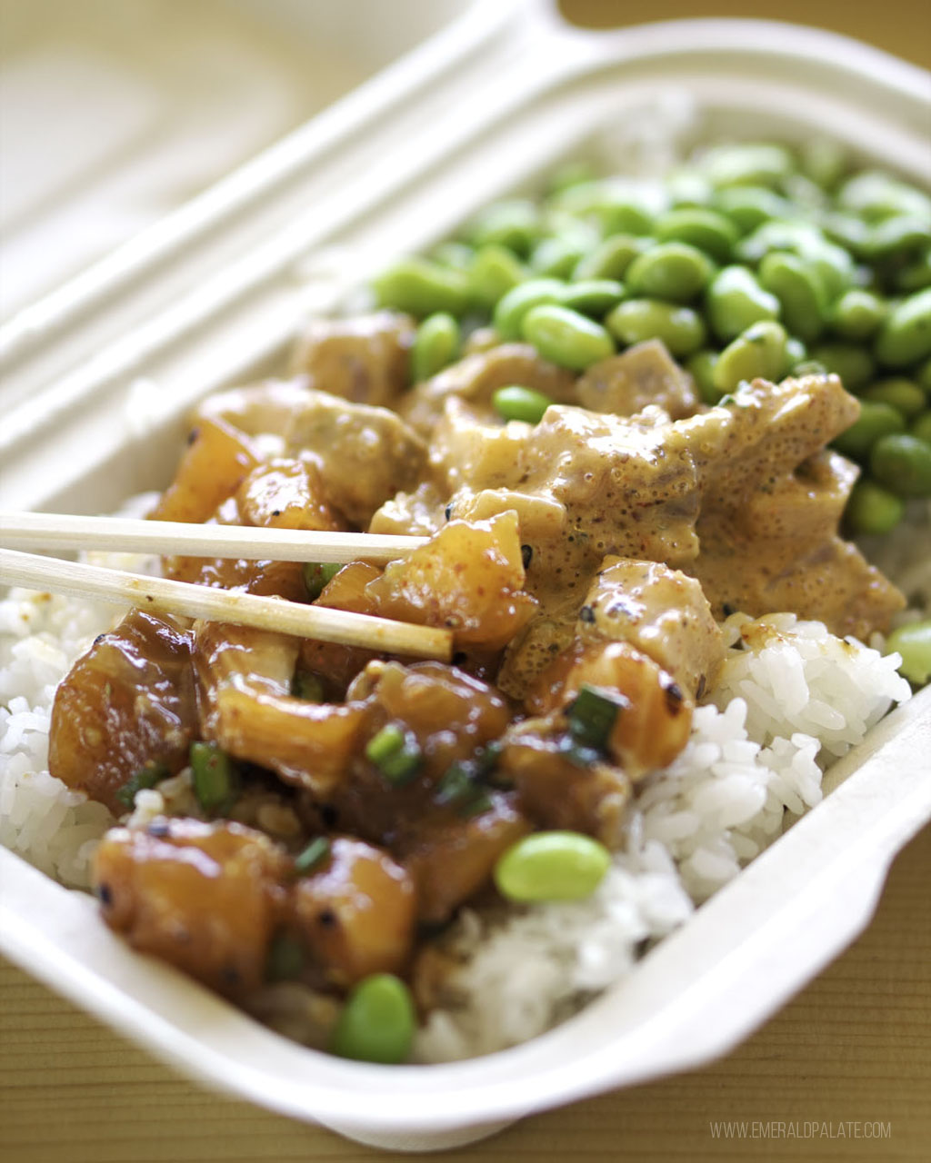 take out container of poke at one of the best fish restaurants in Seattle WA