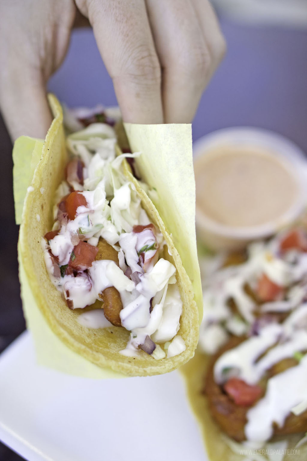 person holding a deep fried Baja-style taco at one of the best hidden gem restaurants in San Diego