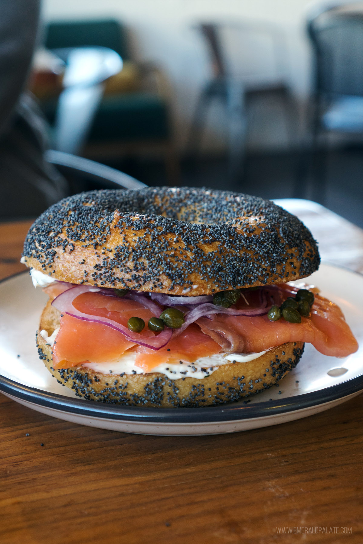 poppy seed bagel sandwich with lox and cream cheese