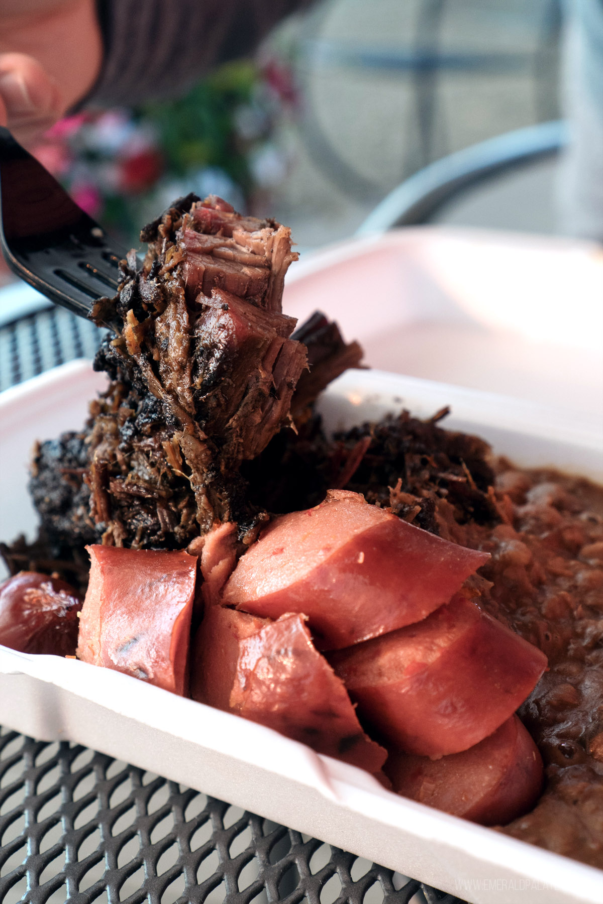 person picking up a forkful of brisket