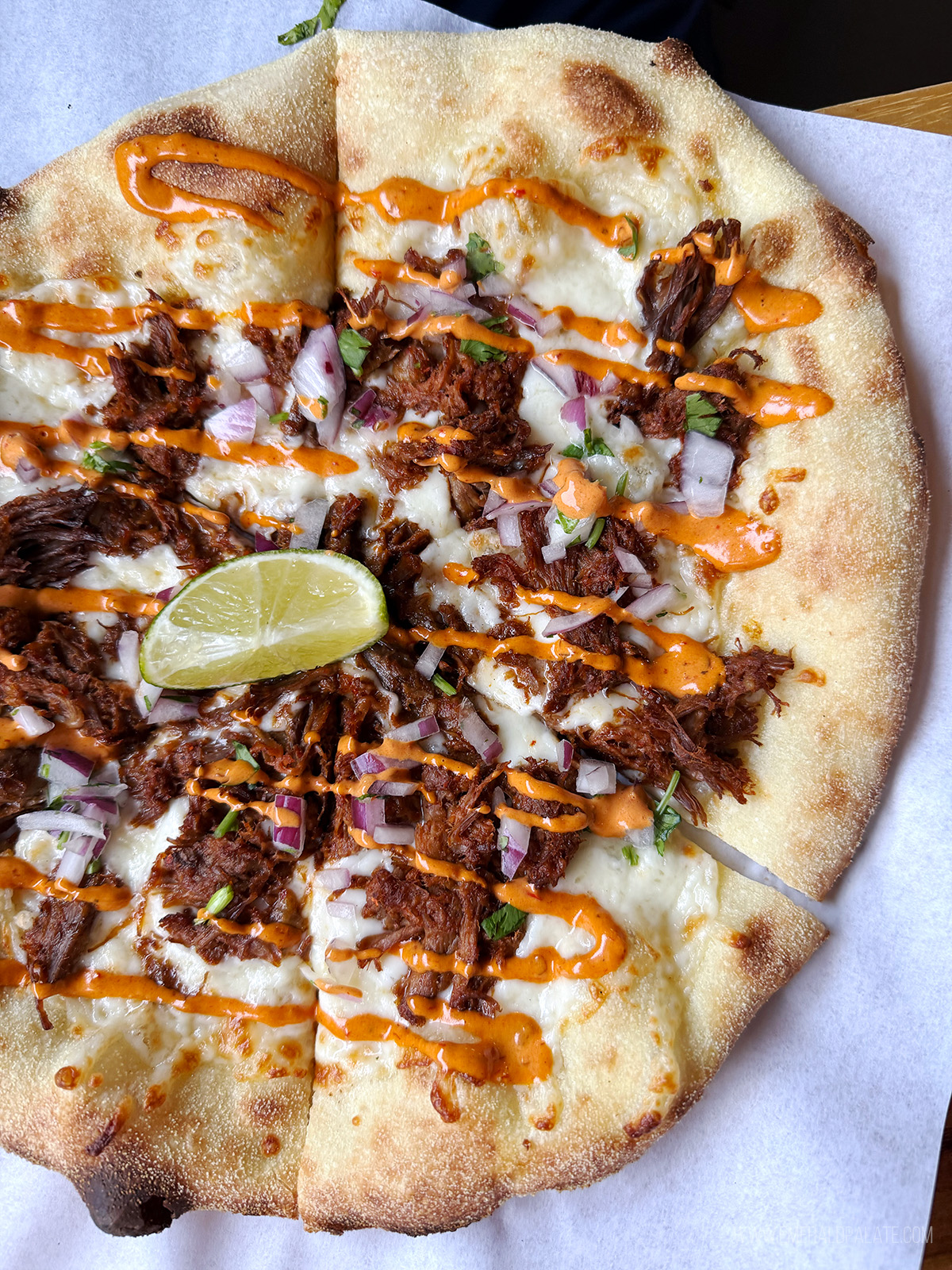 pizza covered with birria beef