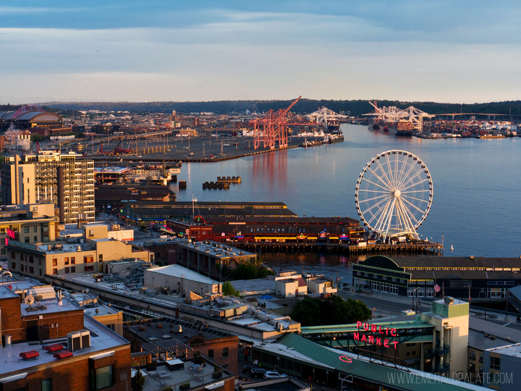 the Seattle waterfront downtown at Golden Hour