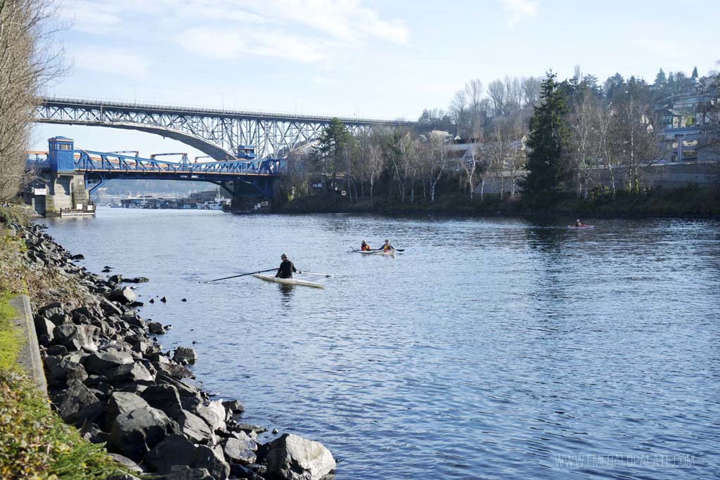 viewpoint in Seattle of Fremont Bridge and Lake Union from Burke-Gilman Trail