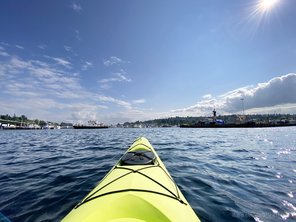 view of Interbay in Seattle from a kayak, a fun summer activity in Seattle