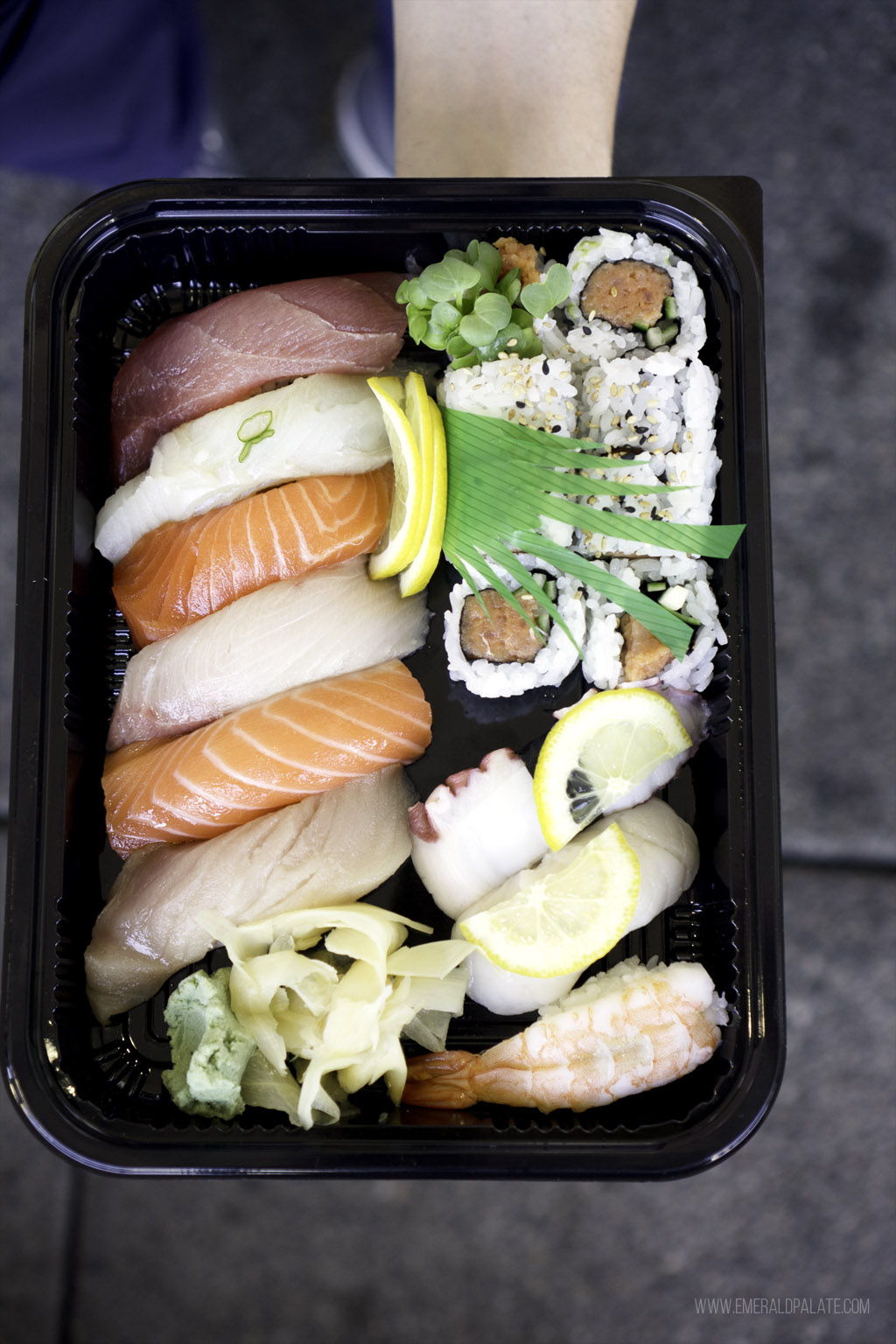 sushi pieces in a takeout tray from one of the best restaurants in West Seattle