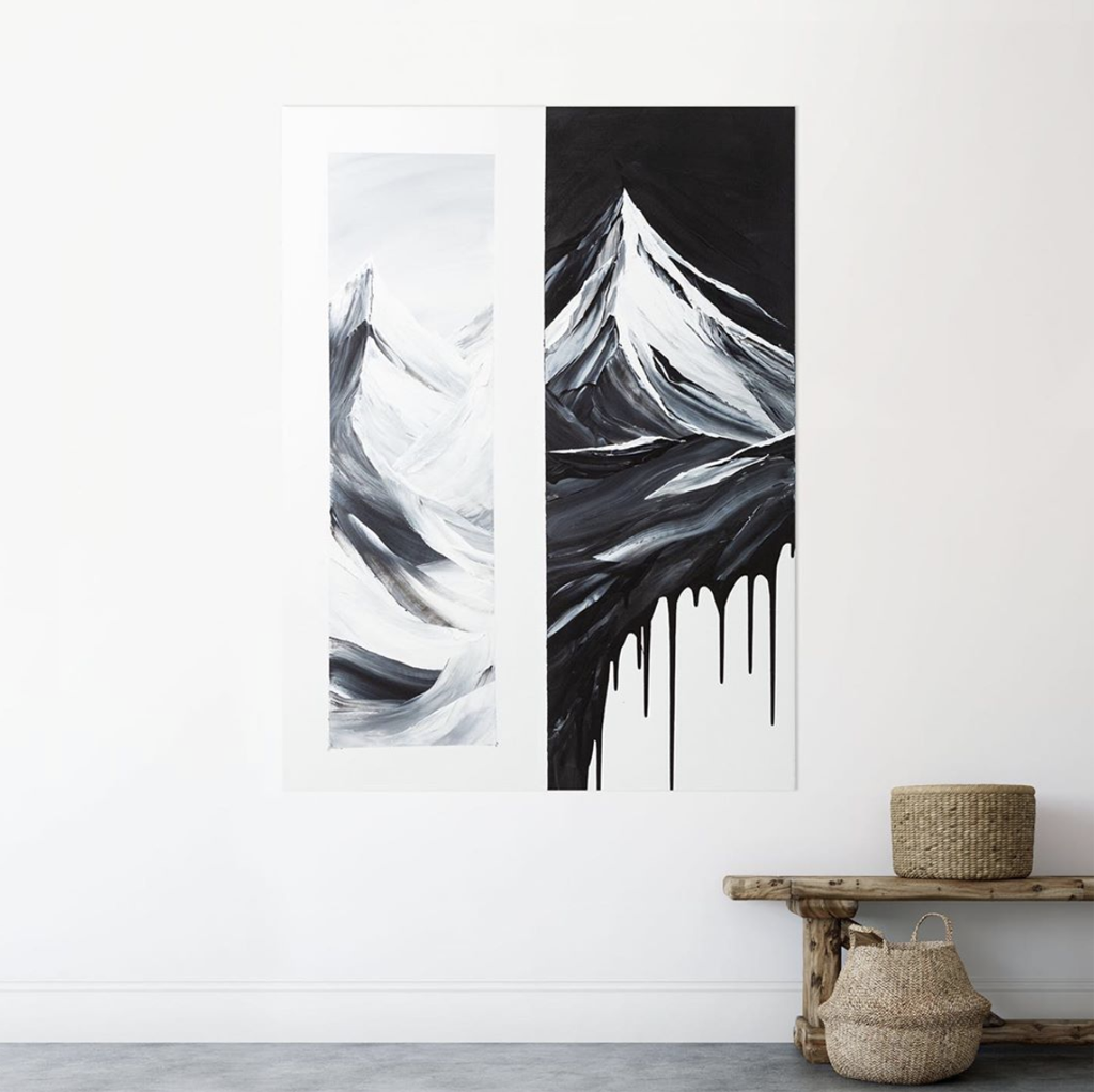 painting of a dripping black and white mountain from a PNW artist