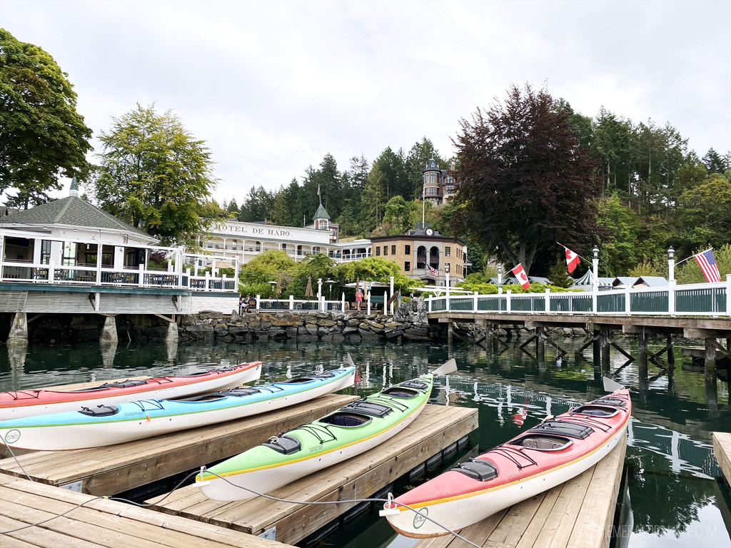 kayaks on dock at Roche Harbor in San Juan Island