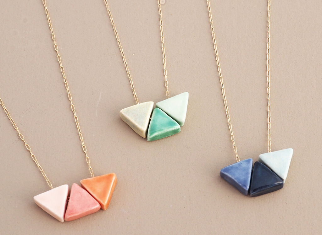 Pastel triangle ceramic necklace charms from a Seattle local jeweler
