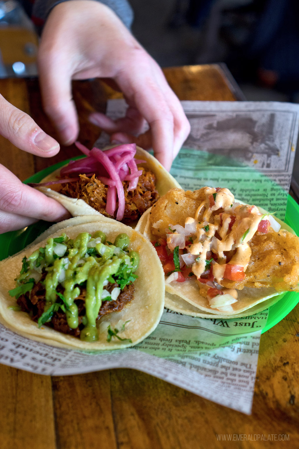 person picking up a taco from a plate of 3 tacos