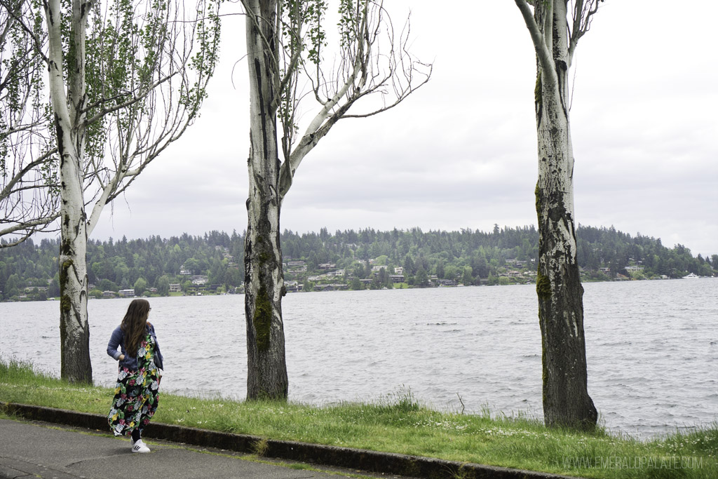 woman walking in park along waterfront in Seattle