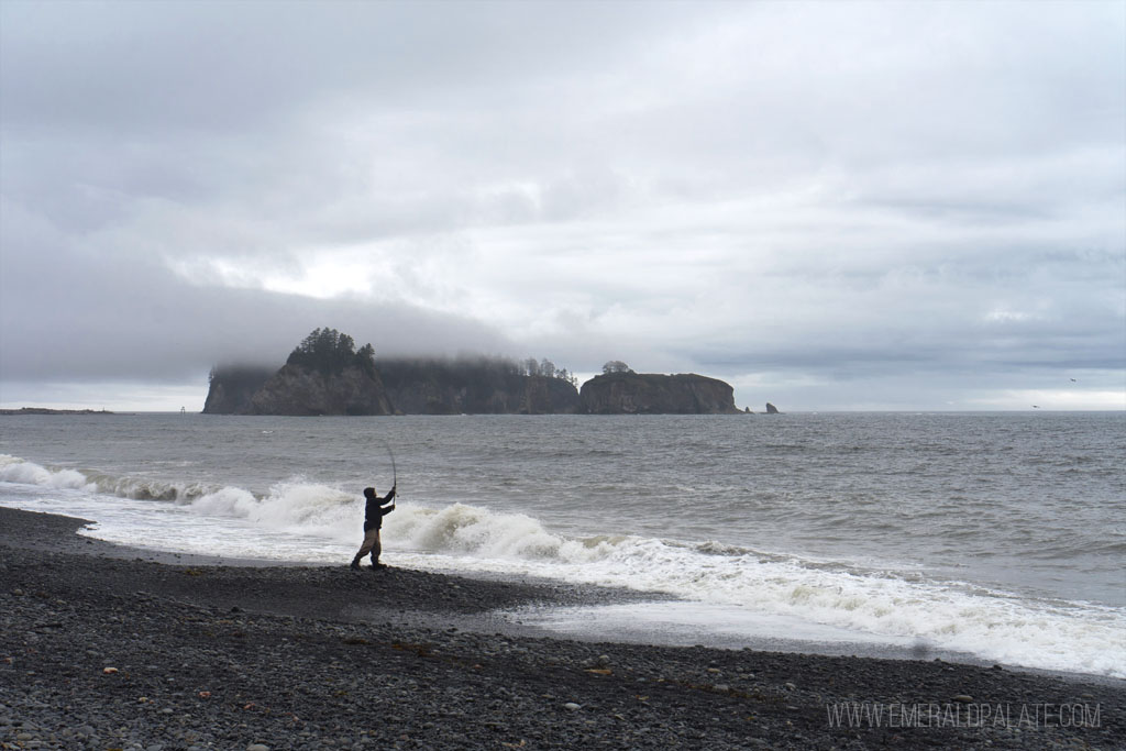 person fishing at Rialto Beach, a top Washington coast attraction