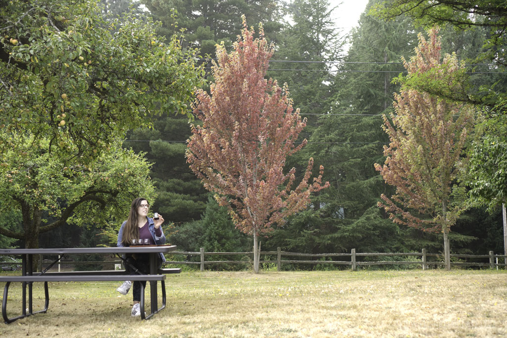 woman wine tasting on picnic bench