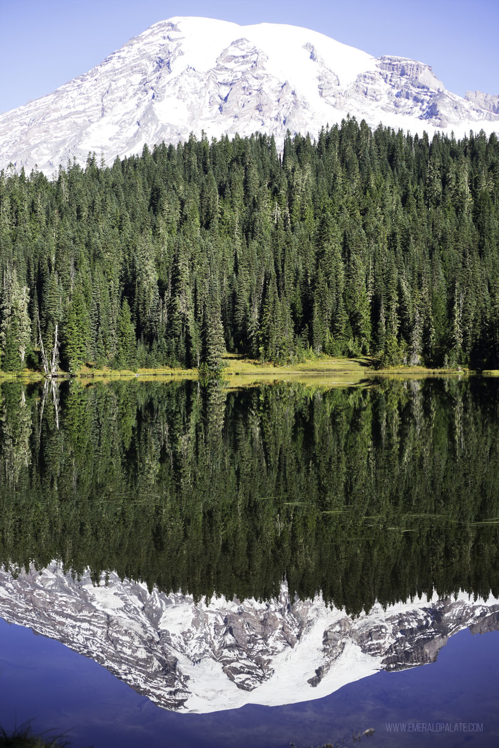 Mt Rainier reflecting in lake at Reflection Lake