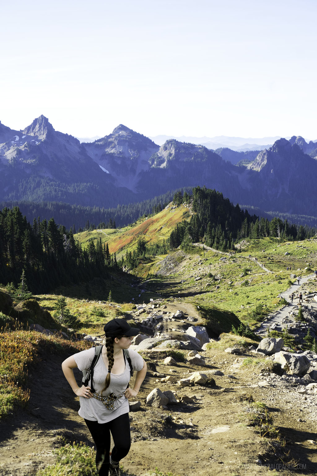 woman hiking Skyline Trail at Mt Rainier National Park during a day trip