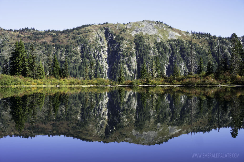 mountain reflecting in lake at Reflection Lake at Mt Rainier National Park