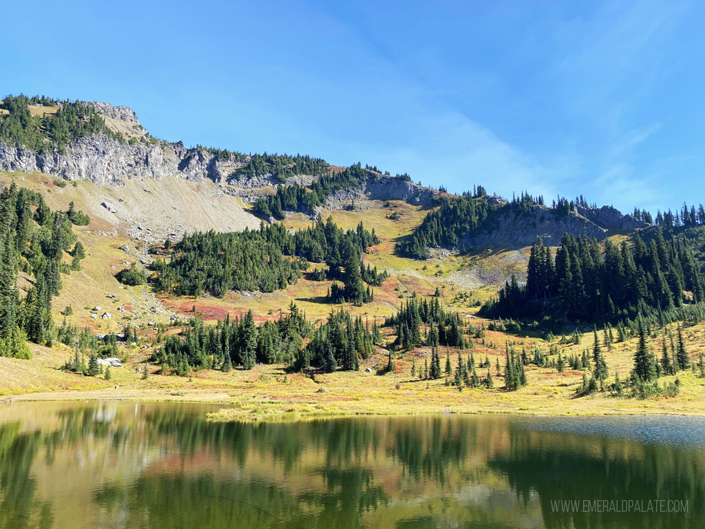 Naches Peak reflecting in Dewey Lake in Mount Rainier National Park