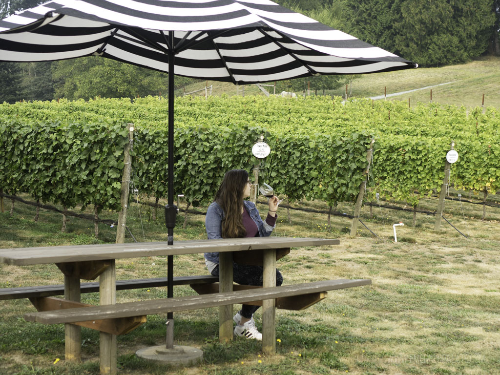 woman drinking at Dancing Fish Vineyards, one of the best Whidbey Island wineries