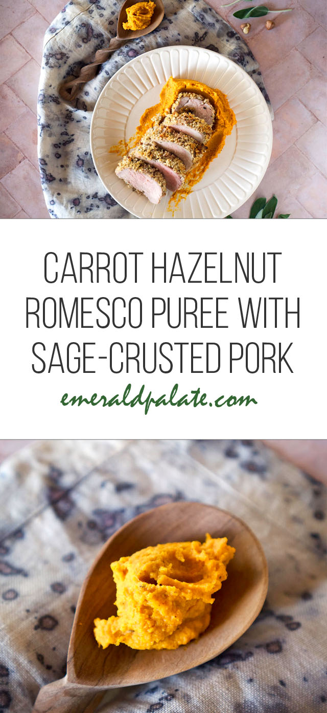 carrot hazelnut romesco puree with sage-crusted pork