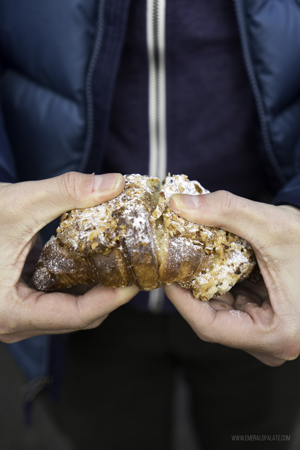 person breaking apart croissant from Seattle