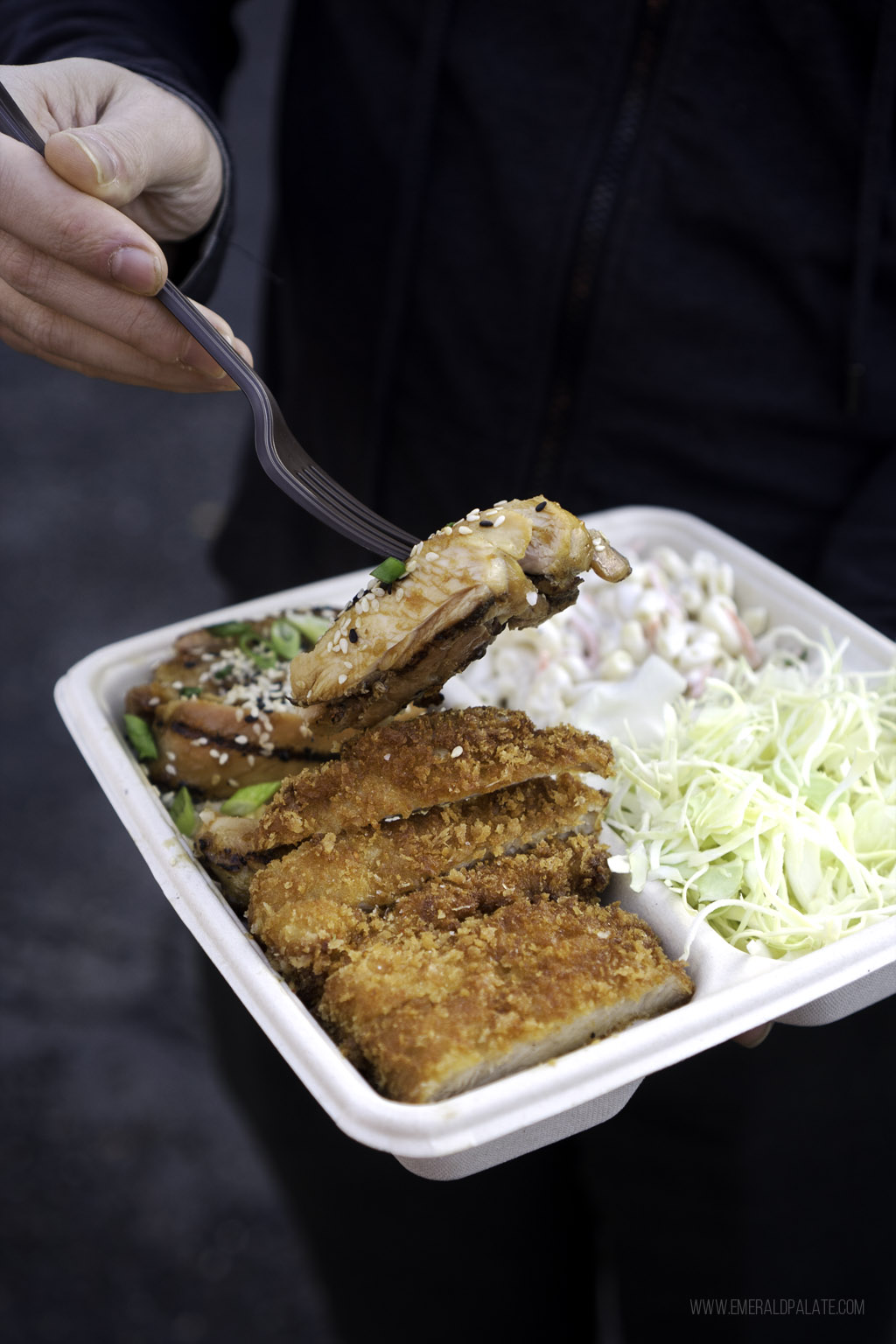 person picking up katsu from one of the best restaurants in West Seattle