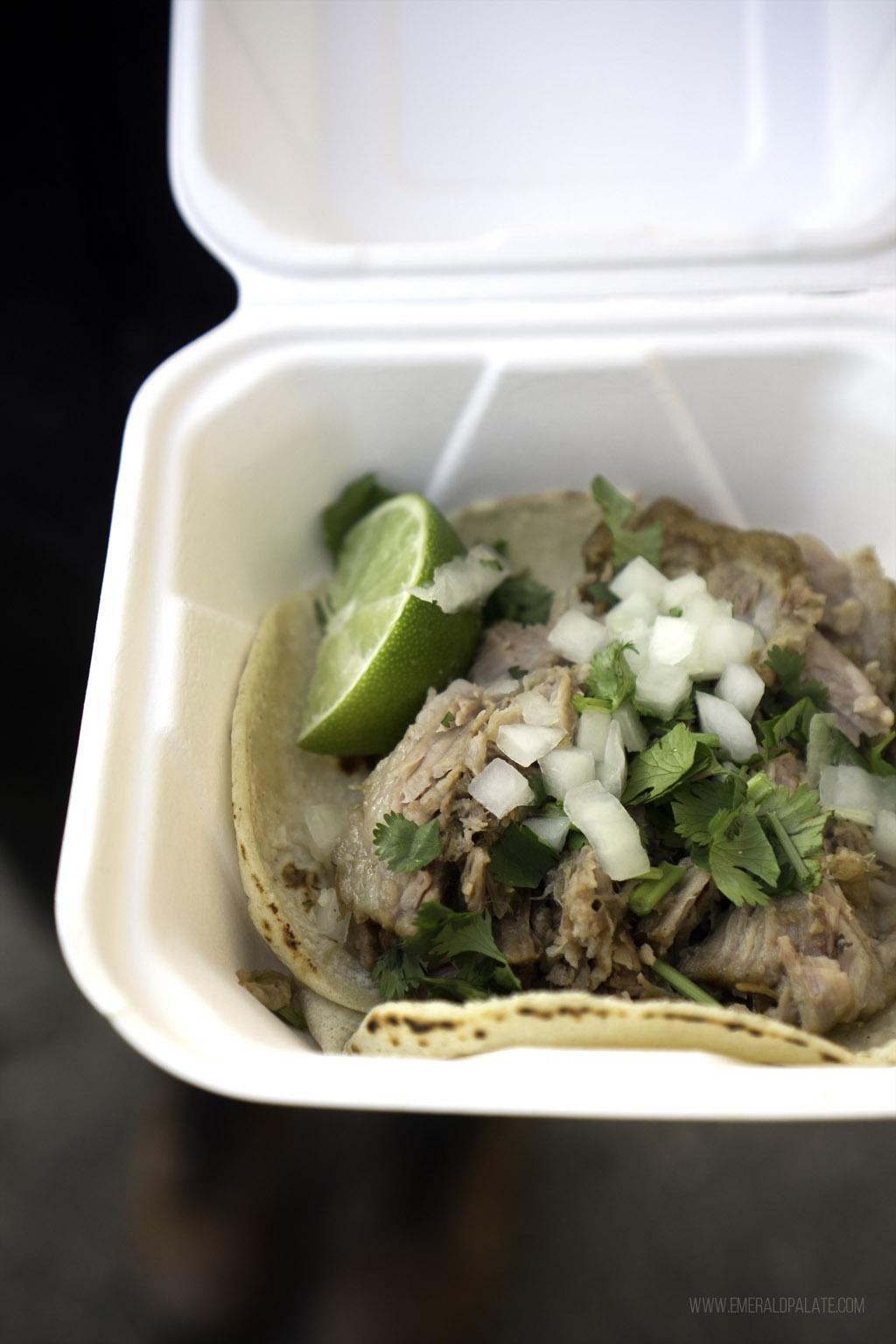 carnitas in a takeout container from one of Seattle's best street tacos
