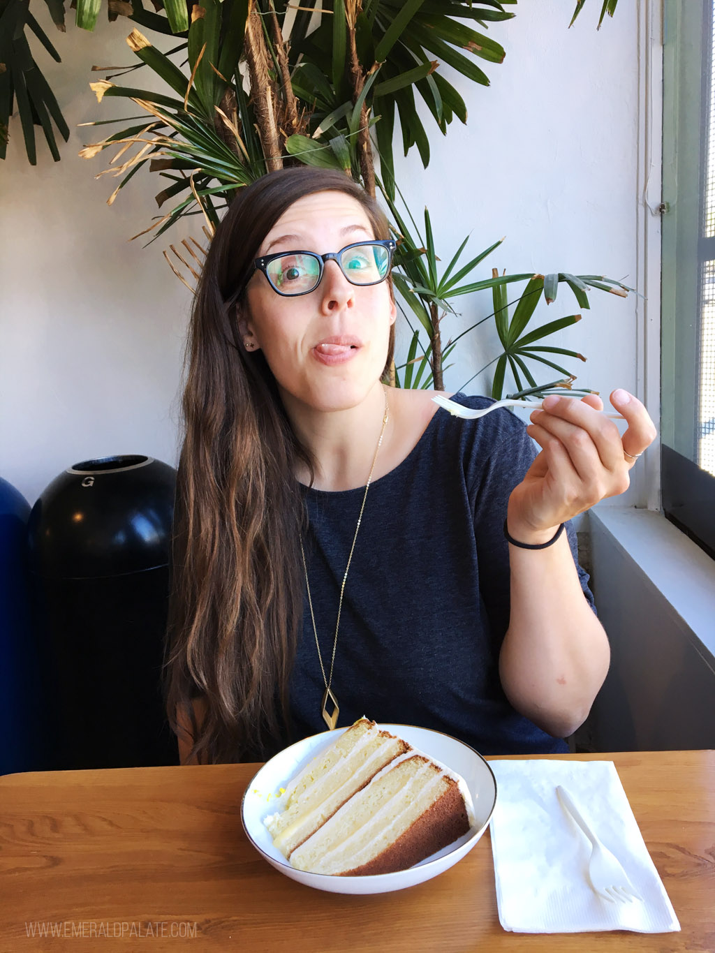 woman eating cake from Seattle dessert delivery