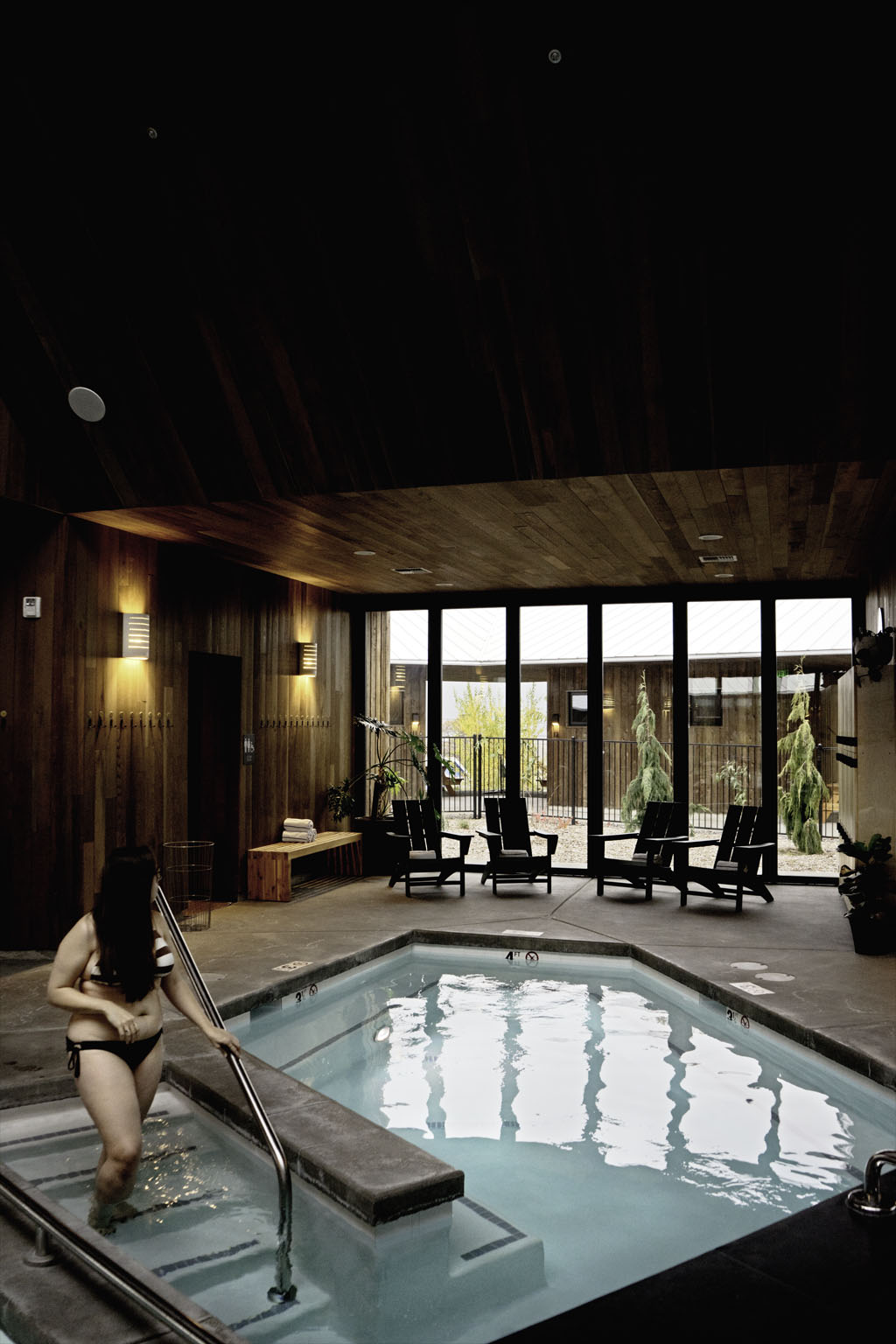 woman getting into a pool at a spa in Columbia River Gorge