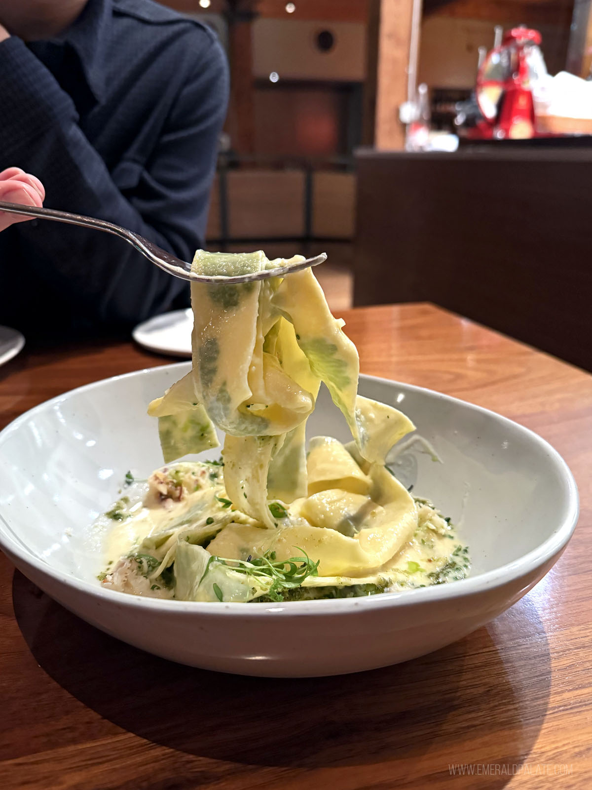 person picking up pappradelle pasta with a fork from one of the best fine dining restaurants in Seattle