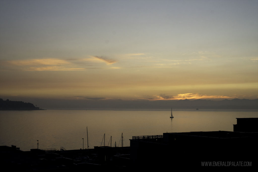 view of Puget Sound at sunset from one of the best fine dining restaurants in Seattle, Washington