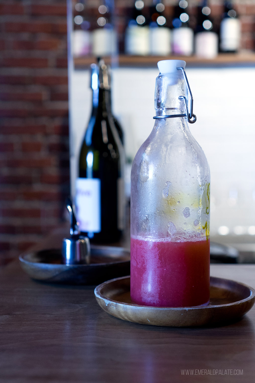 juice and wine on a bar at a fancy fine dining restaurant in Seattle