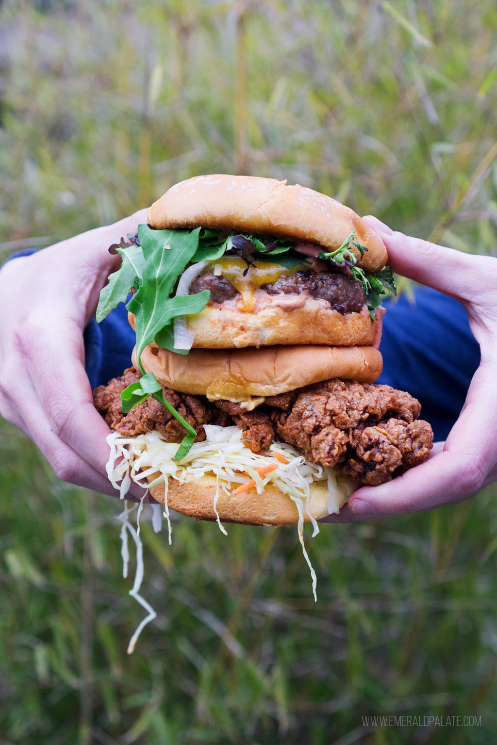 cheeseburger and fried chicken sandwich stacked on top of each other