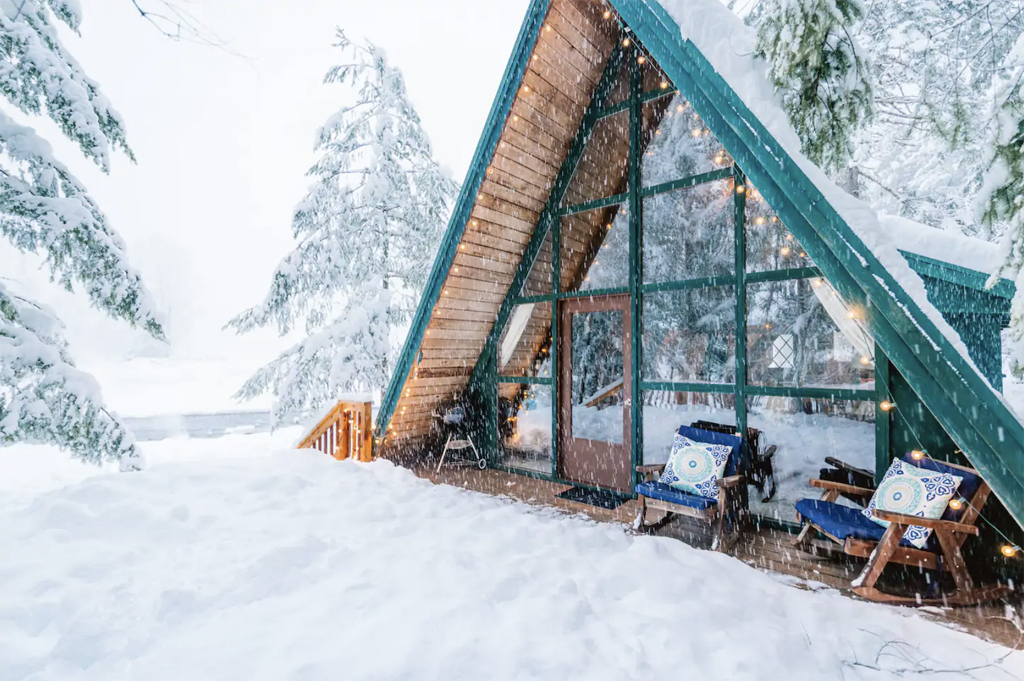 a Washington A-frame cabin for rent in winter