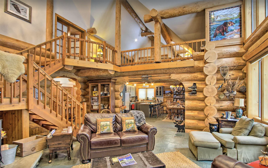 inside a 2-story log cabin in Washington state