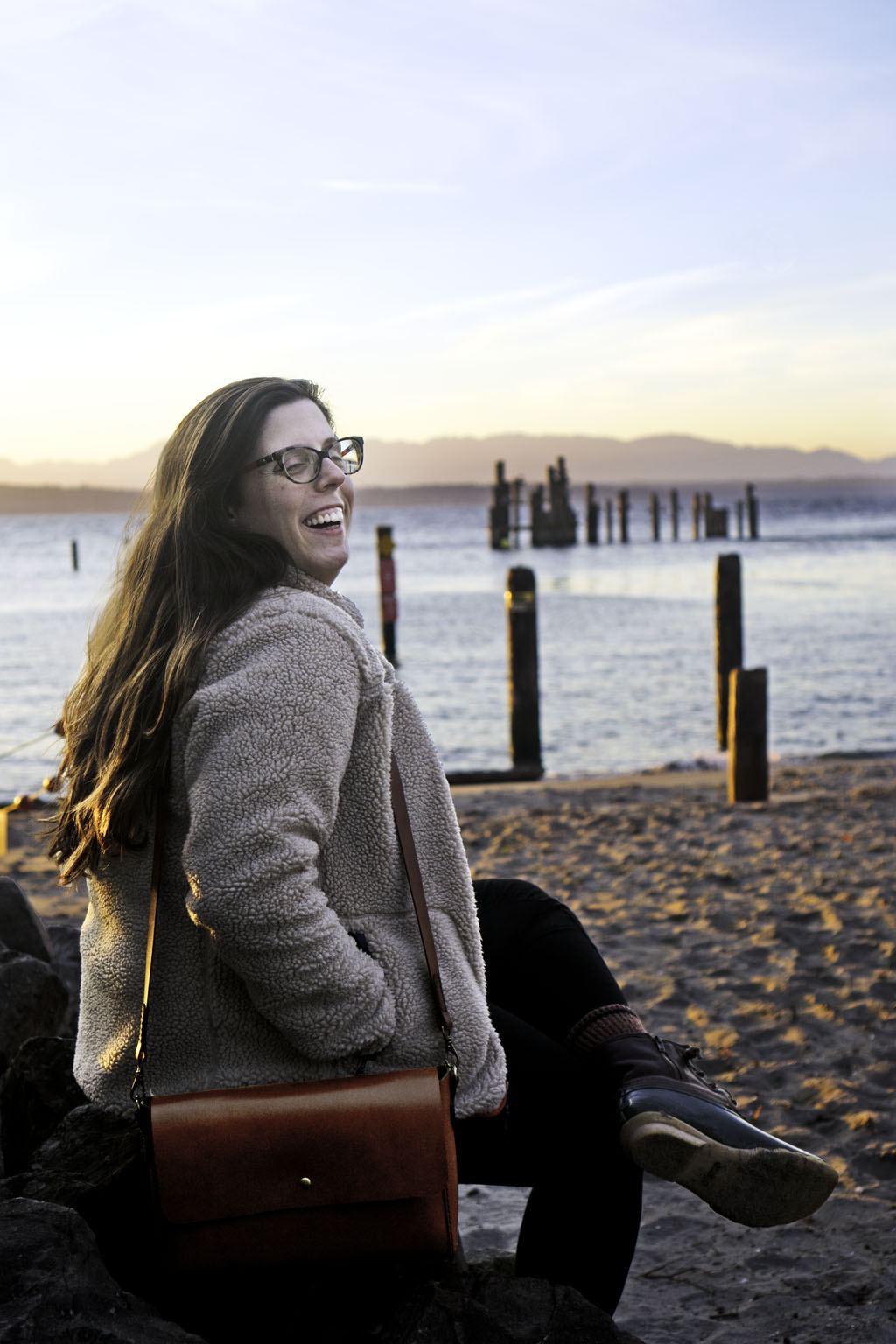 woman at beach in Seattle | view of the Seattle skyline 