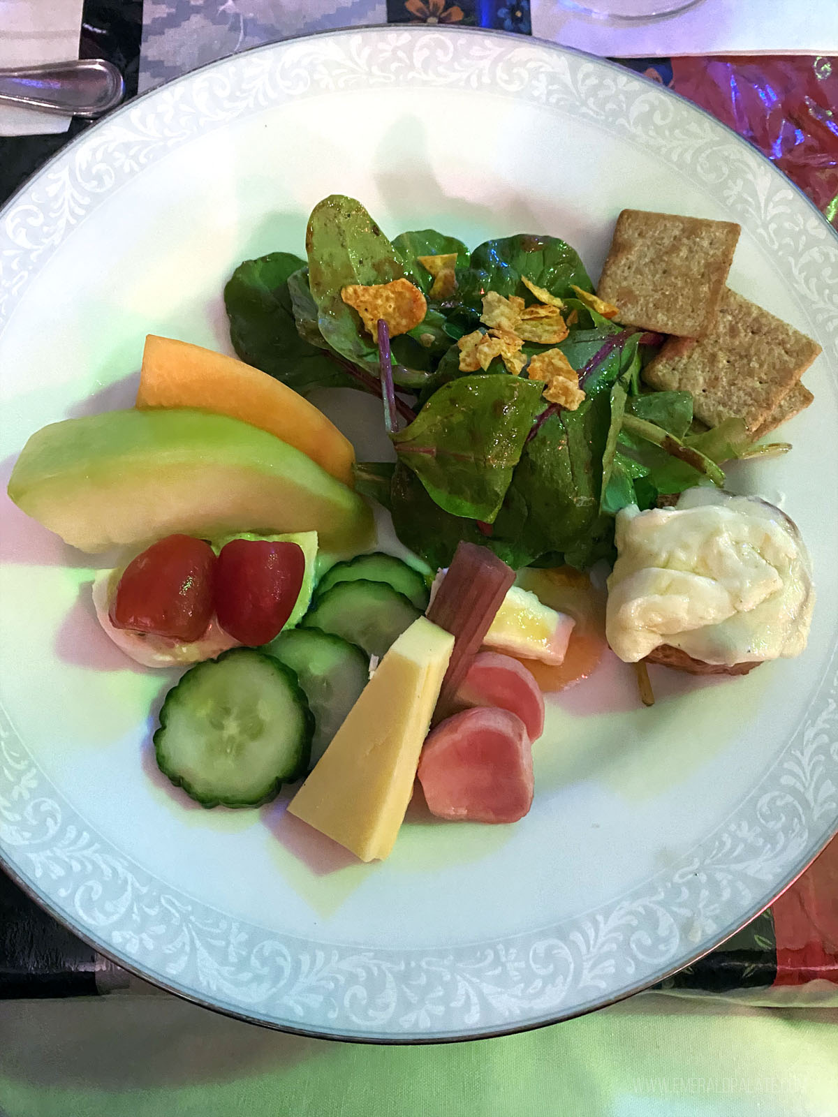 salad, fruit, and cheese plate