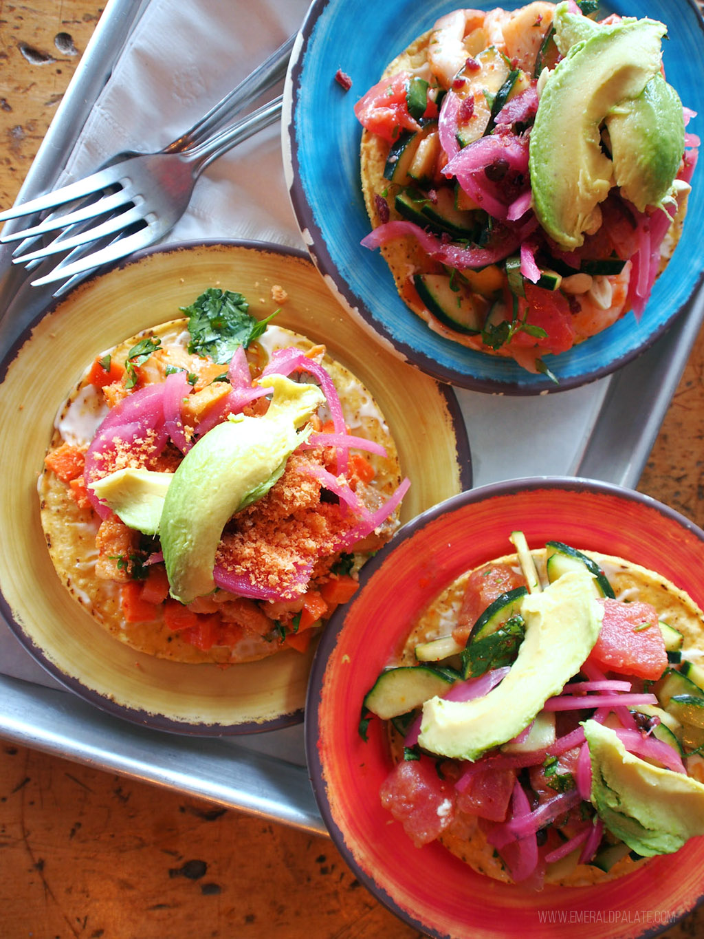 plate of ceviche toastadas from a restaurant worth the trip from Seattle