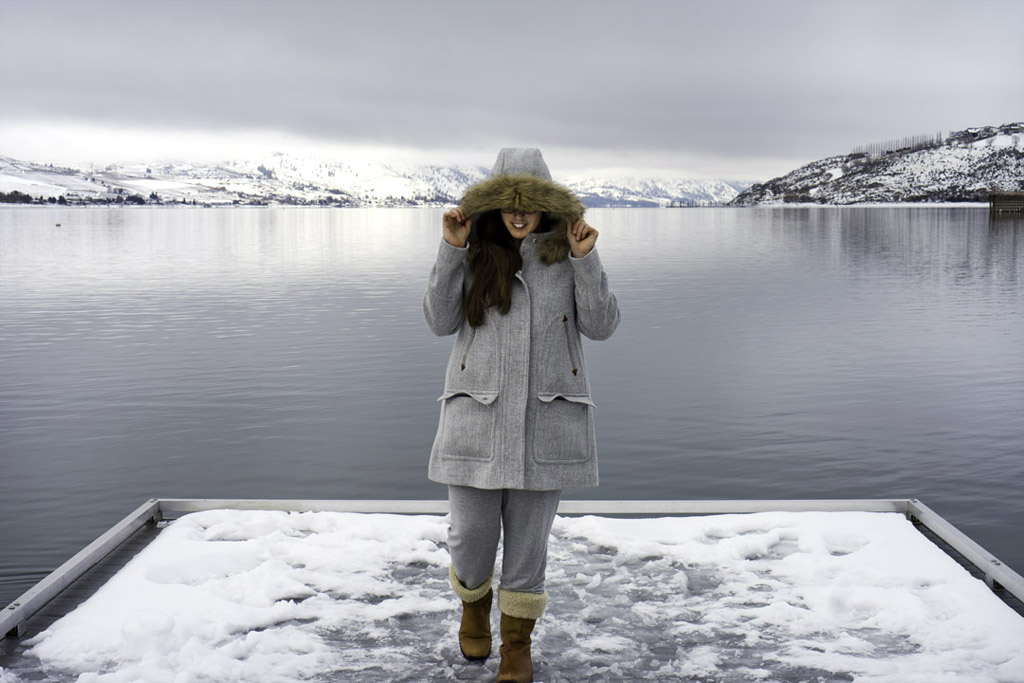 woman at Lake Chelan in winter