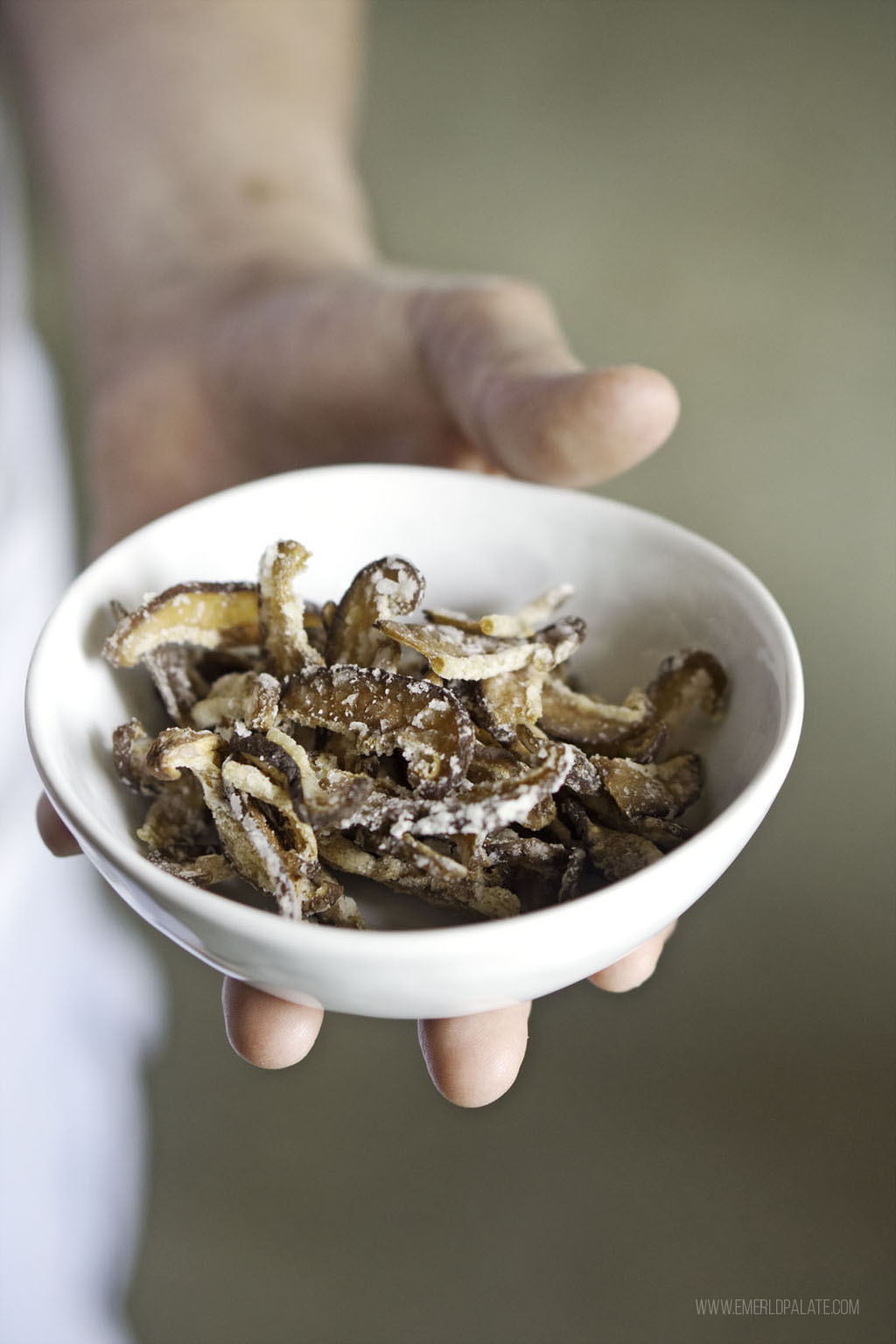 person holding bowl of fried mushrooms from fancy restaurant in Seattle