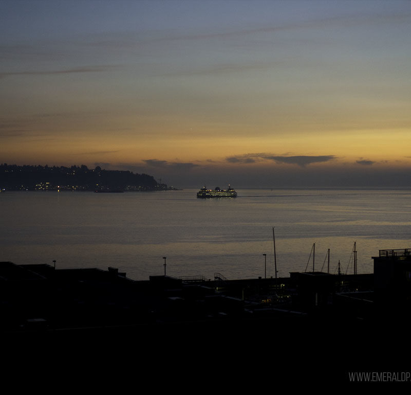 view of Puget Sound at sunset from one of the best restaurants in Seattle with a view