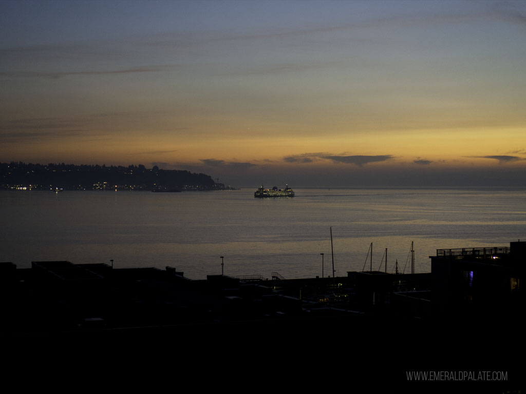 view of Puget Sound at sunset from one of the best restaurants in Seattle with a view