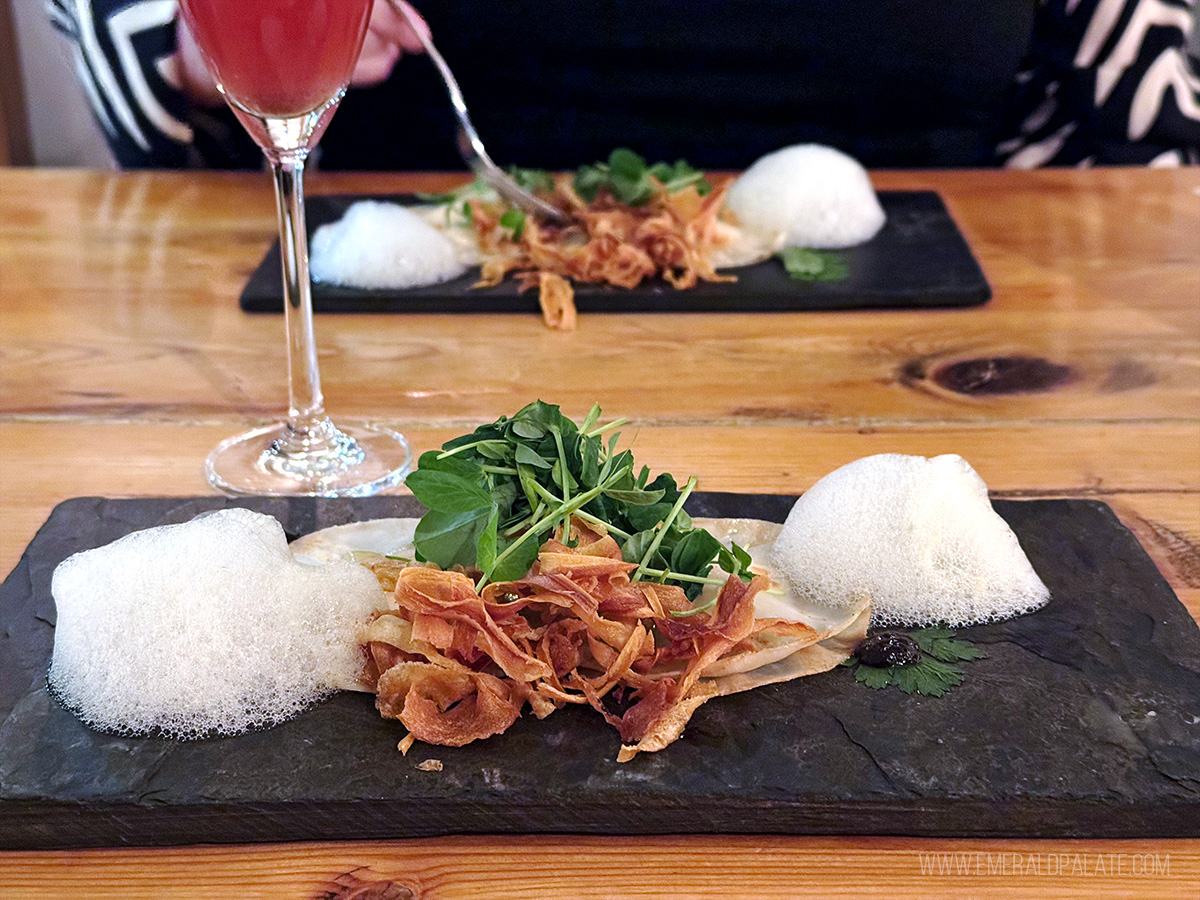 ravioli with foam cheese at Mana, one of the best restaurants in Leavenworth