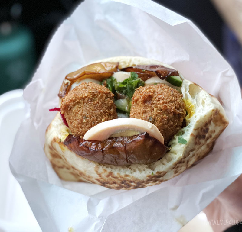 sabich sandwich with falafel from a Mediterranean food in Seattle restaurant