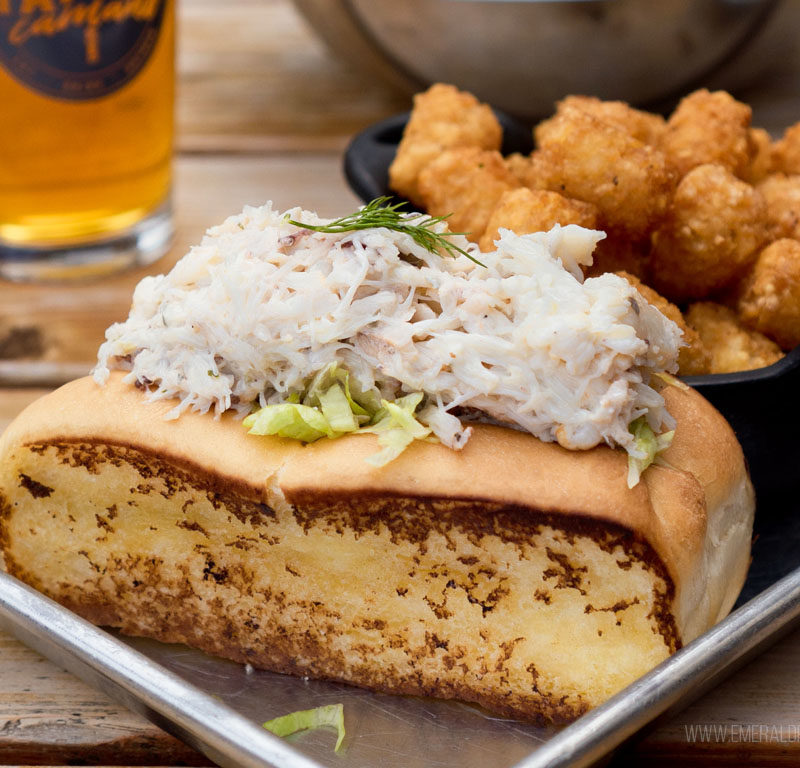 crab roll, tater tots, and beer from Camano Island