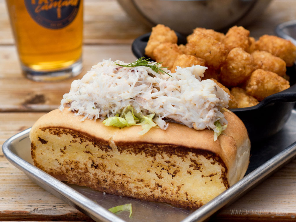crab roll, tater tots, and beer from Camano Island | Best Road Trips from Seattle