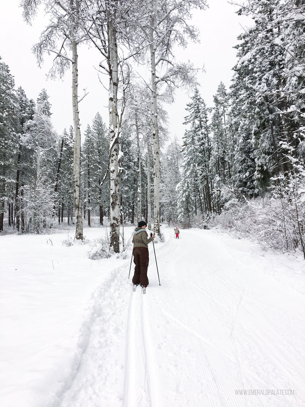 woman and child cross country skiing in Plain, WA