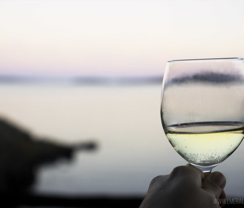 person holding white wine up at sunset