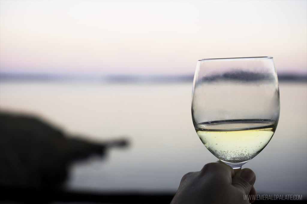 person holding white wine up at sunset