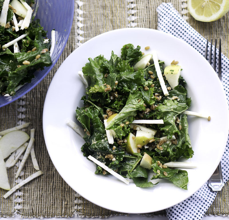 A Killer Power Kale Salad Recipe With Almond Butter Dressing, Celery Root, & Apples