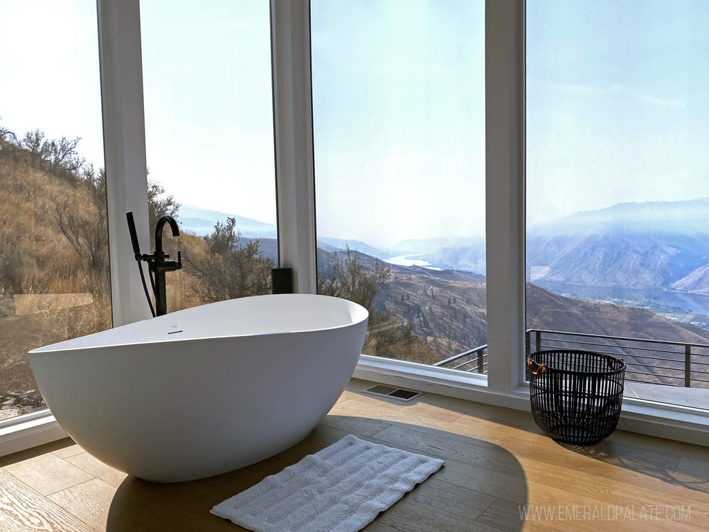 luxurious soaker tub overlooking valley through floor-to-ceiling windows